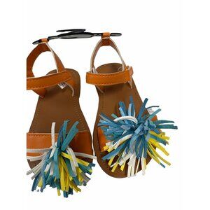 Girls Pom-Pom Sandals Orange Strap‎ Multicolor Tassels Size 7